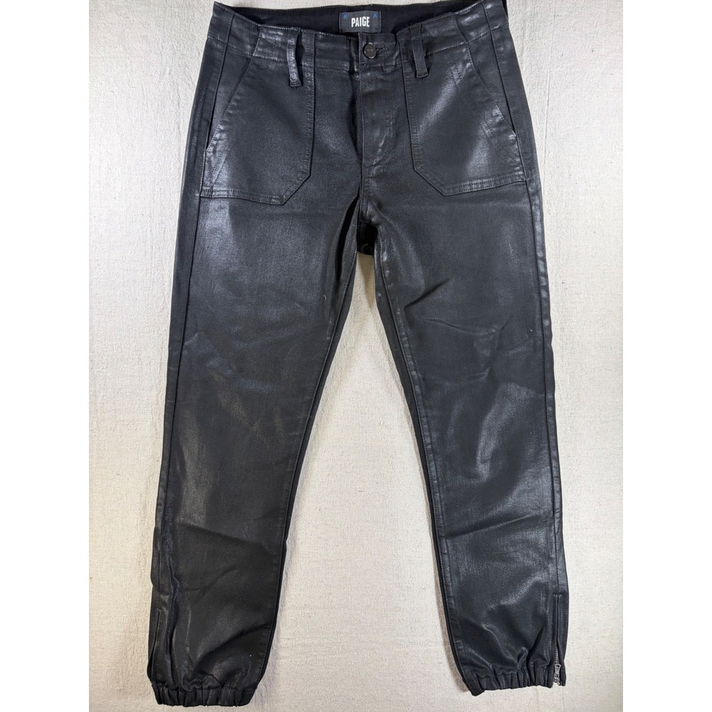 Paige Coated Jogger Pants Womens 28 Black Faux Leather High Rise Zip Ankle Stret